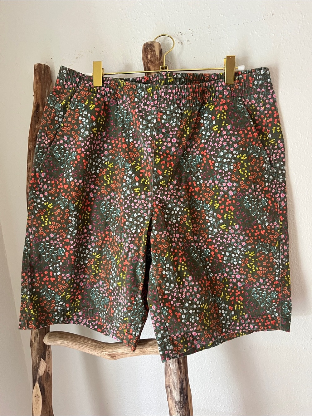 Lands' End Olive Green Colorful Floral Elastic-Waist cotton Bermuda Shorts XL 14